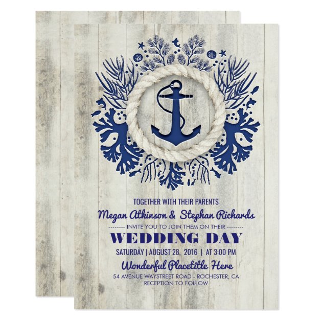 Navy Nautical Anchor Rustic Beach Wedding Invitation