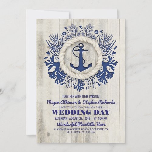 Navy Nautical Anchor Rustic Beach Wedding Invitation