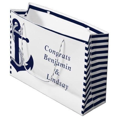 Navy Nautical Anchor Striped Wedding Large Gift Bag