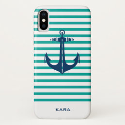 Navy Nautical Anchor Teal Classic Stripe Monogram iPhone X Case