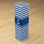 Navy nautical anchor wedding favor wine gift box<br><div class="desc">Elegant navy blue and white nautical anchor wedding favor wine gift box with striped pattern. Cute party favor for bride, groom, bridesmaids, groomsmen, guests, friends etc. Maritime sailing theme with anchors aweigh icons. Custom color stripes design. Personalized with thank you message, name and date of marriage. Boat / ship anchors...</div>