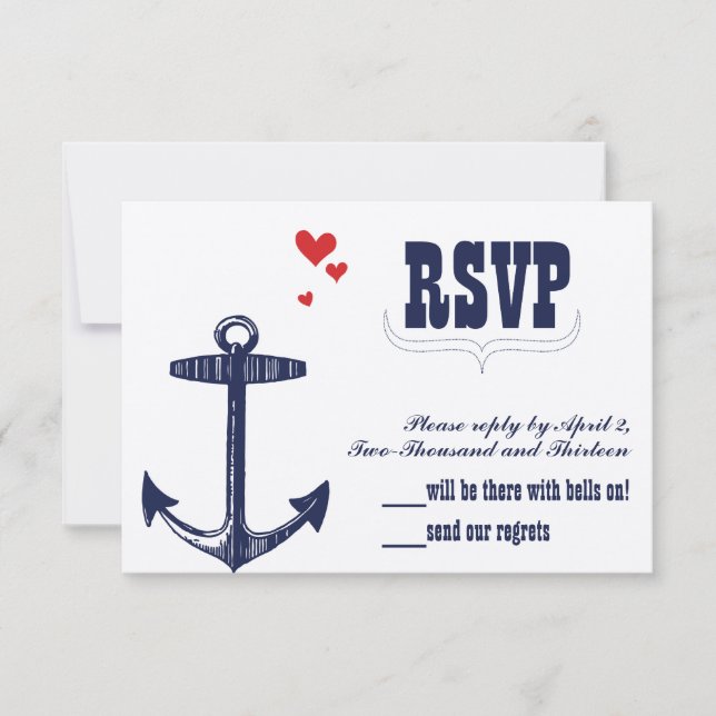 Navy Nautical Anchor with a Touch of Red Wedding RSVP Card (Front)