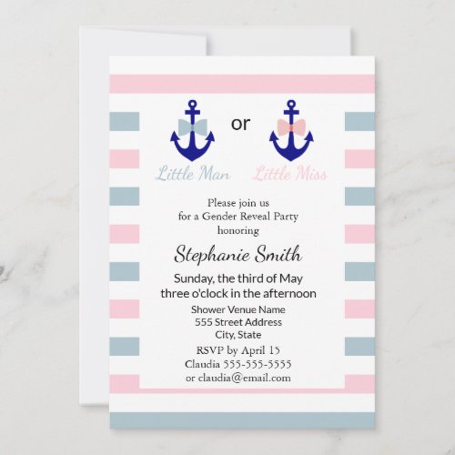 Navy Nautical Bow and Bow Tie Gender Reveal Invitation