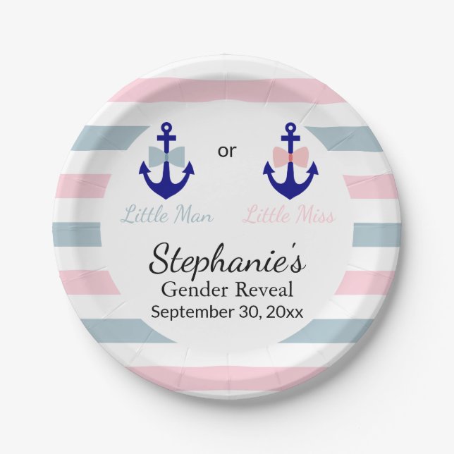 Navy Nautical Bow and Bow Tie Gender Reveal Paper Plates (Front)