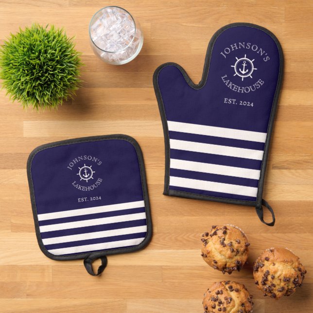 Navy Nautical Custom Name  Oven Mitt & Pot Holder Set (Top Down)