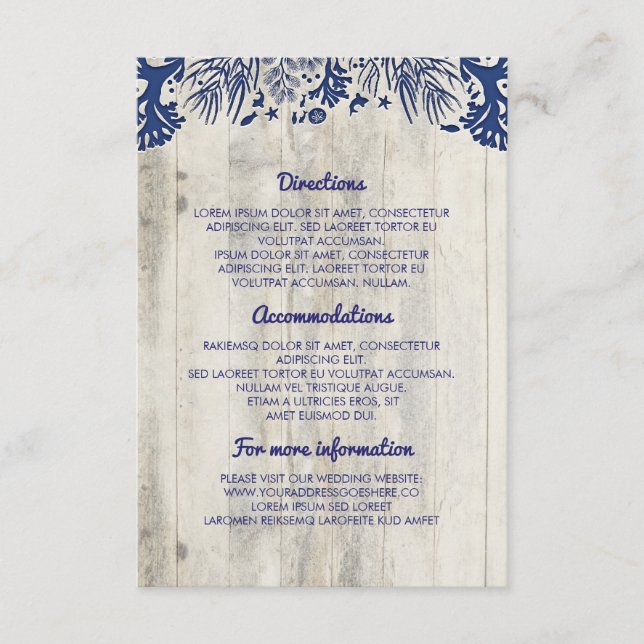 Navy Nautical Driftwood Beach Wedding Details Enclosure Card (Front)