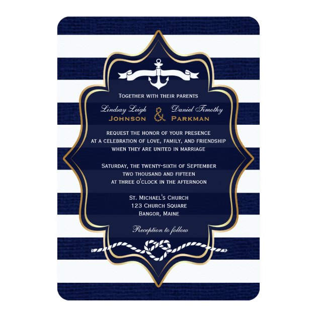 Navy Nautical, FAUX Burlap Stripes Wedding 2 Invitation