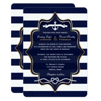 Navy Nautical, FAUX Burlap Stripes Wedding 2 Invitation