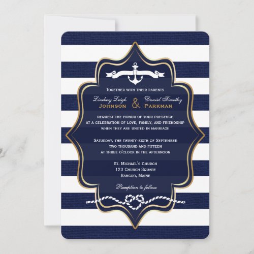 Navy Nautical FAUX Burlap Stripes Wedding 2 Invitation