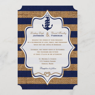 Navy Nautical, FAUX Burlap Stripes Wedding Invite