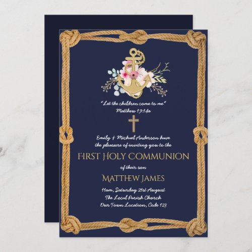Navy Nautical First Communion Boy Girl Invitations