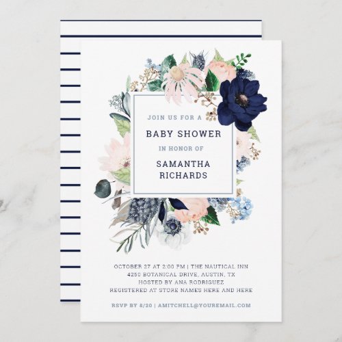 Navy Nautical Floral and Stripes  Baby Shower Invitation