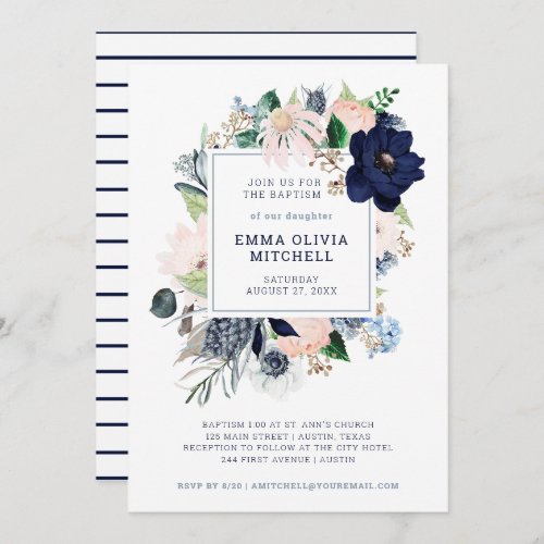Navy Nautical Floral and Stripes  Baptism Invitation