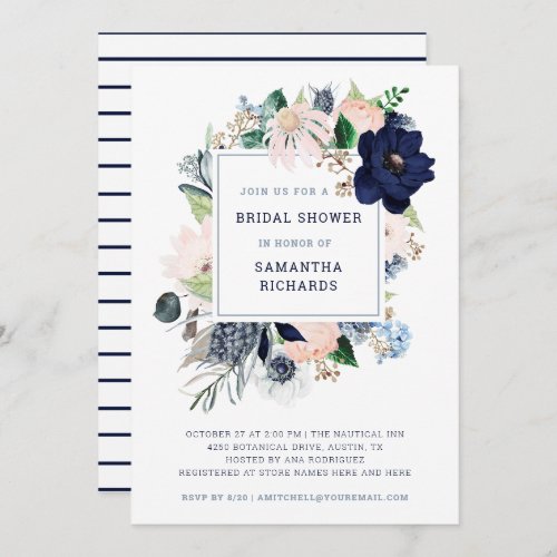 Navy Nautical Floral and Stripes  Bridal Shower Invitation