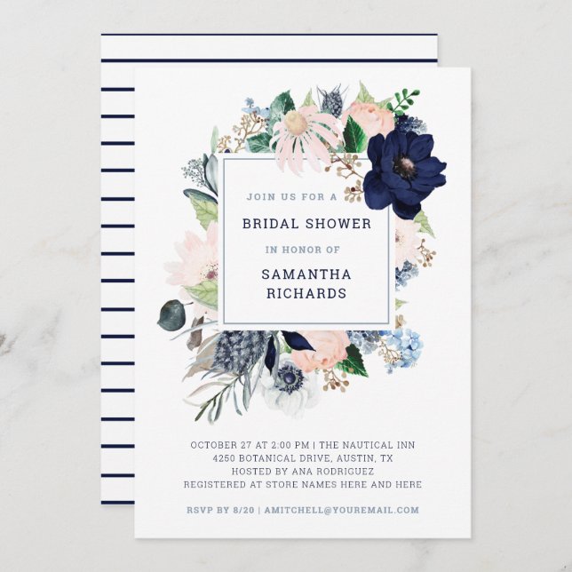 Navy Nautical Floral and Stripes | Bridal Shower Invitation (Front/Back)