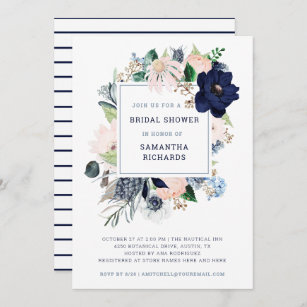 Navy Nautical Floral and Stripes   Bridal Shower Invitation
