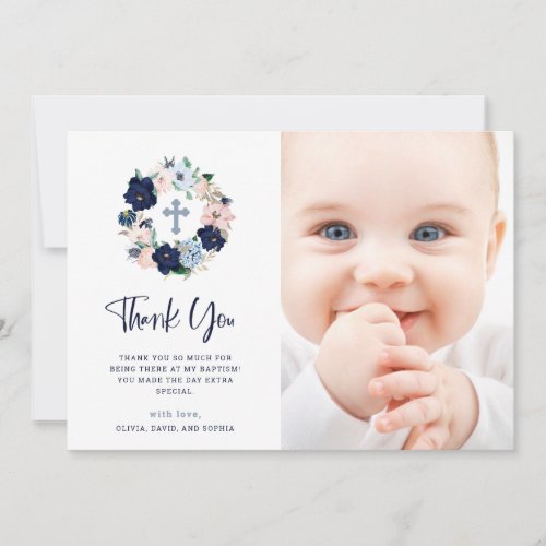 Navy Nautical Floral and Stripes  Photo Baptism Thank You Card