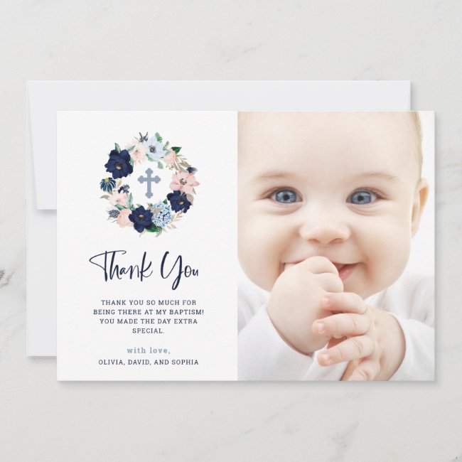 Navy Nautical Floral and White | Photo Baptism Thank You Card