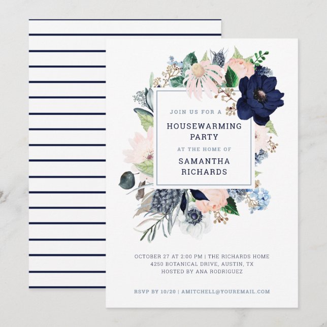 Navy Nautical Floral Stripe | Housewarming Party Invitation (Front/Back)