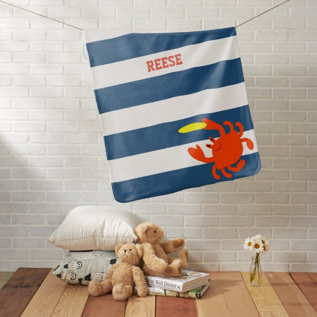 Navy Nautical Frisbee Crab Personalized Swaddle Blanket (In Situ)