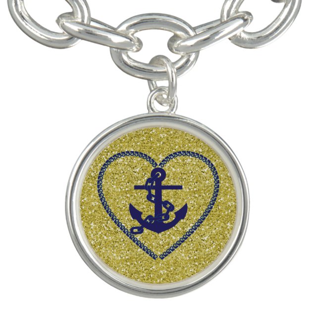 Navy Nautical Heart Anchor Gold Faux Glitter Charm Bracelet (Design)