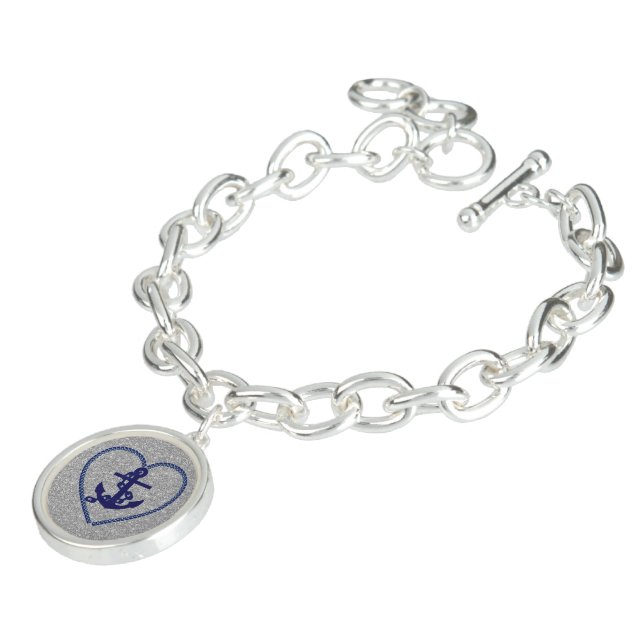 Navy Nautical Heart Anchor Silver Faux Glitter Bracelet (Side)