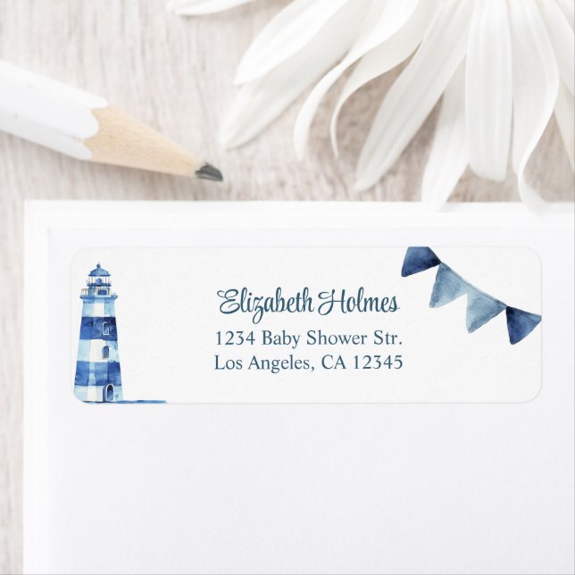 Navy Nautical Lighthouse Baby Shower Address Label (Insitu)
