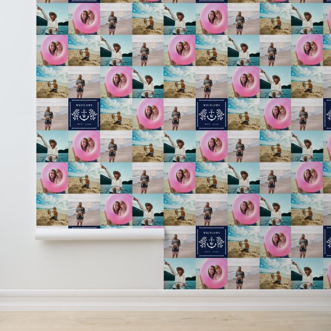Navy Nautical Monogram Lake House Photo Pattern Wallpaper (Application)