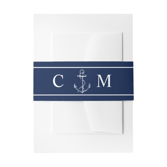 Navy Nautical Monogram White Anchor Wedding Invitation Belly Band (Front Example)