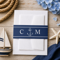 Navy Nautical Monogram White Anchor Wedding Invitation Belly Band