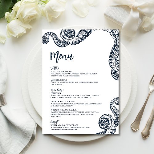 Navy Nautical Octopus Flat Wedding Menu