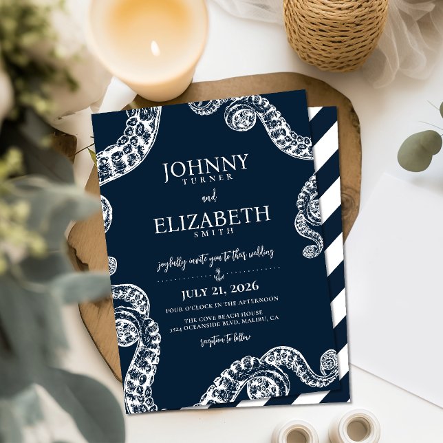 Navy Nautical Octopus Tentacle Wedding Invitation (Creator Uploaded)