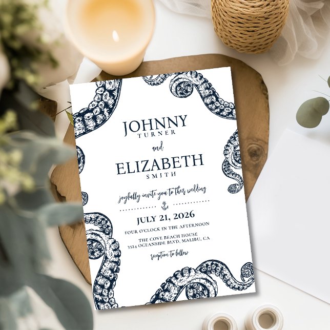 Navy Nautical Octopus Tentacle Wedding Invitation (Creator Uploaded)