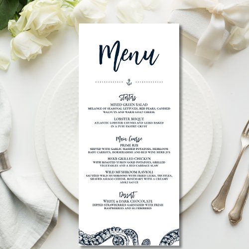 Navy Nautical Octopus Wedding Flat Plate Menu