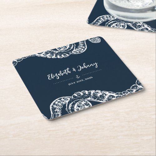 Navy Nautical Octopus Wedding Paper Coaster