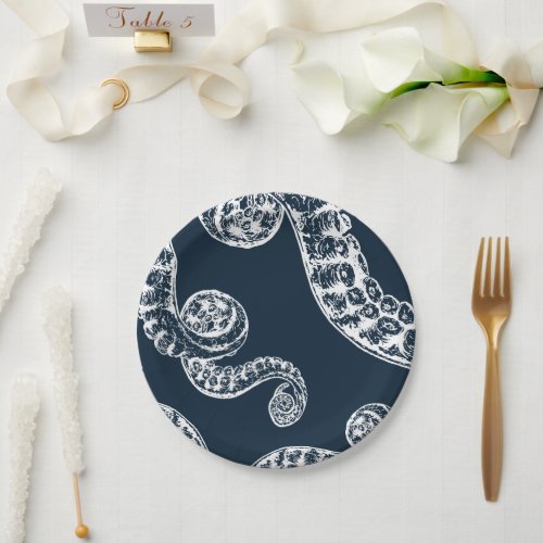 Navy Nautical Octopus White Tentacles Paper Plate