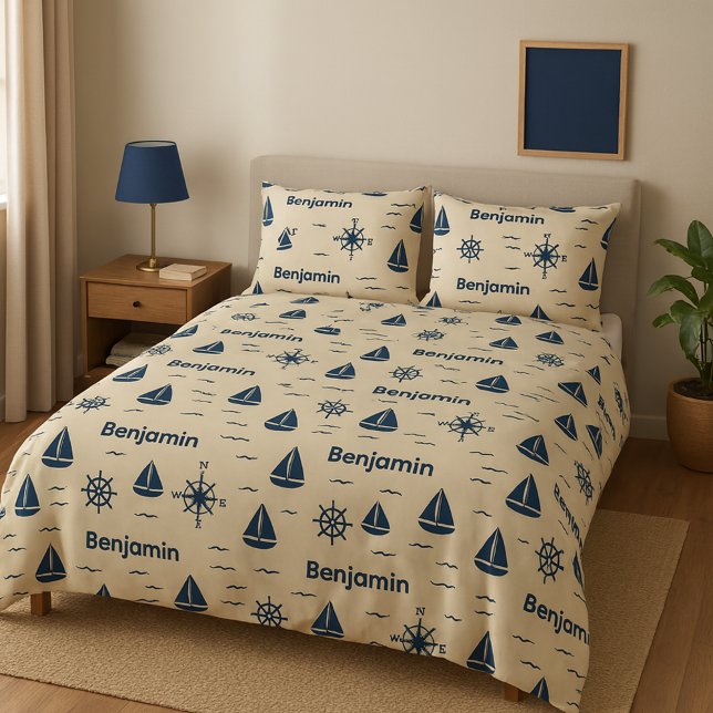 navy Nautical Pattern Anchor Sailboat Compass Name Duvet Cover (Creator Uploaded)