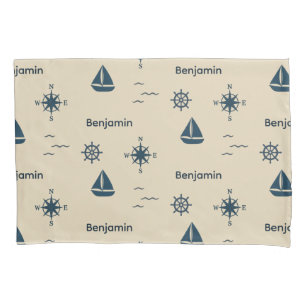 navy Nautical Pattern Anchor Sailboat Compass Name Pillow Case