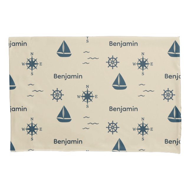 navy Nautical Pattern Anchor Sailboat Compass Name Pillow Case (Front)