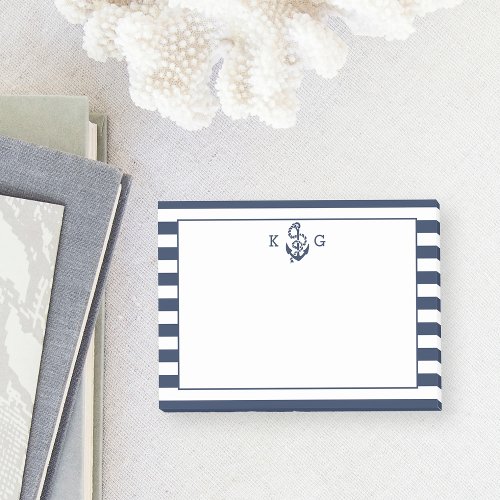 Navy Nautical Preppy Stripe  Anchor Monogram Post_it Notes