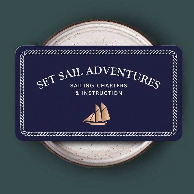 Navy Nautical Rope Gold Sailboat Business Card (Creator Uploaded)