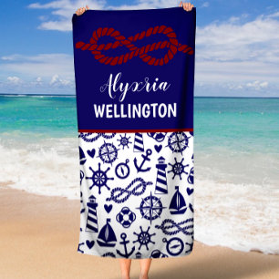 Navy Nautical Rope Personalized Beach Towel
