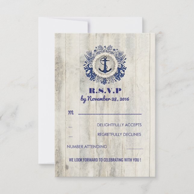 Navy Nautical Rustic Beach Wedding RSVP (Front)