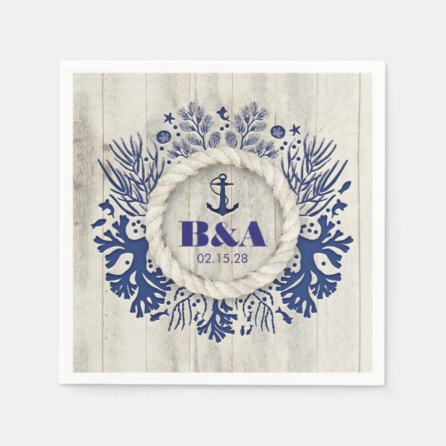 Navy Nautical Rustic Driftwood Beach Wedding Paper Napkins (Front)