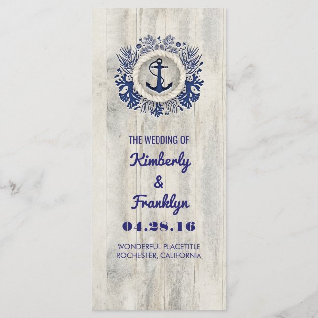 Navy Nautical Rustic Driftwood Beach Wedding Program (Front)