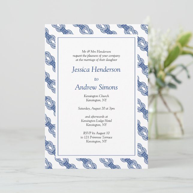 Navy Nautical Sailing Rope Wedding  Invitation (Standing Front)