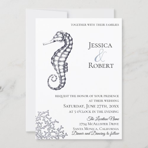 Navy Nautical Seahorse Wedding Invitation