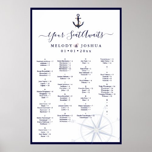 NAVY NAUTICAL SEATING CHART ALPHABETICAL POSTER