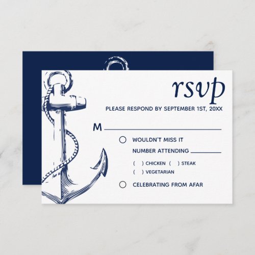 Navy Nautical Sketch Anchor  Meal Choice RSVP Invitation
