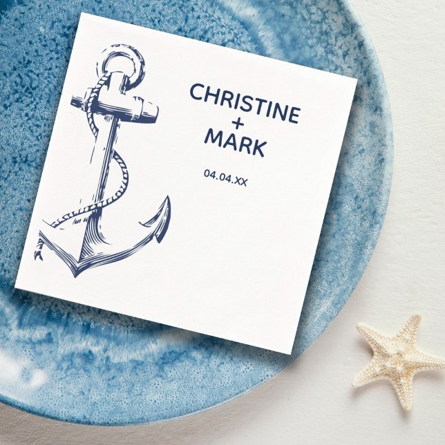 Navy Nautical Sketch Anchor Monogram | Wedding Napkins (Creator Uploaded)